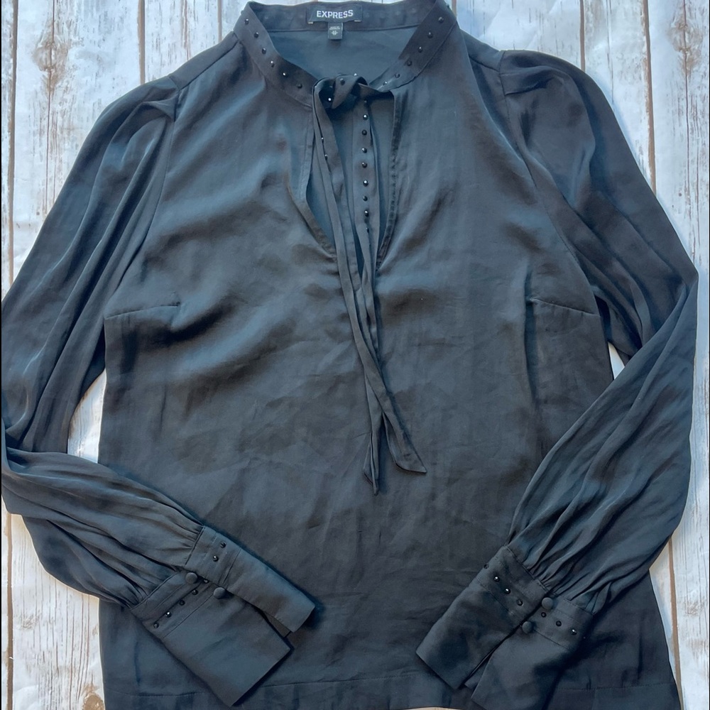 Express Silk Blouse with black stone detail on neck tie and sleeves. Size XSmall
